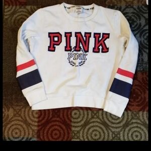 PINK Victoria's Secret White Sweatshirt with Red and Blue Accents